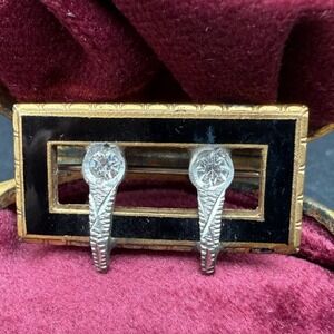 Vintage‎ Art Deco Unusual Black Enamel Geometric Brooch Gold Tone Clear Stones